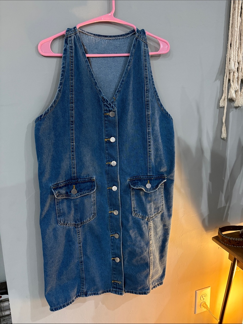 Denim Button-Front Pinafore Dress - Blue